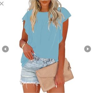 Women’s Baby Blue Round Neck Sleeveless Blouse with Ruffled Sleeves, Sz 2XL